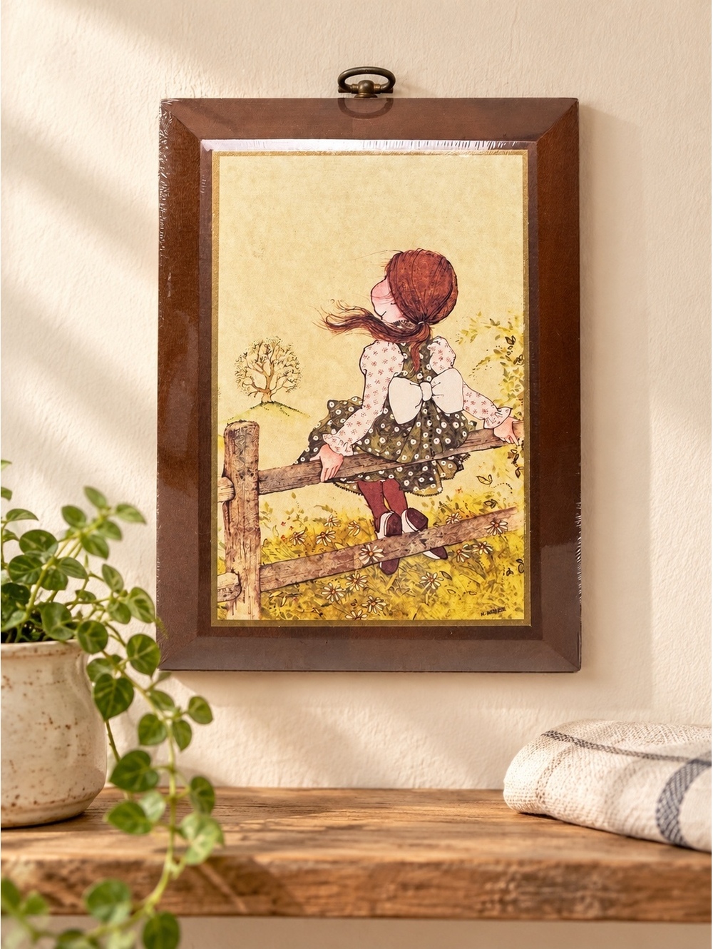 Vintage Holly Hobbie Wall Plaque 1971 Girl on Fence Cottage Decor
